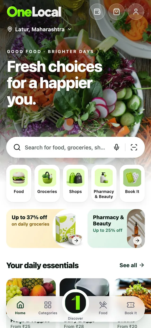 The OneLocal app home screen